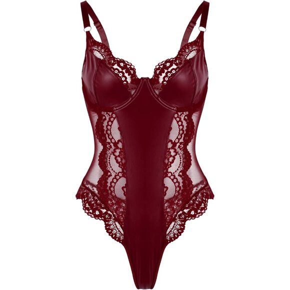 Women Burgundy Bodysuit Bustier Top One Piece Floral Lace Sheer Corset Lingerie - Picture 3 of 6